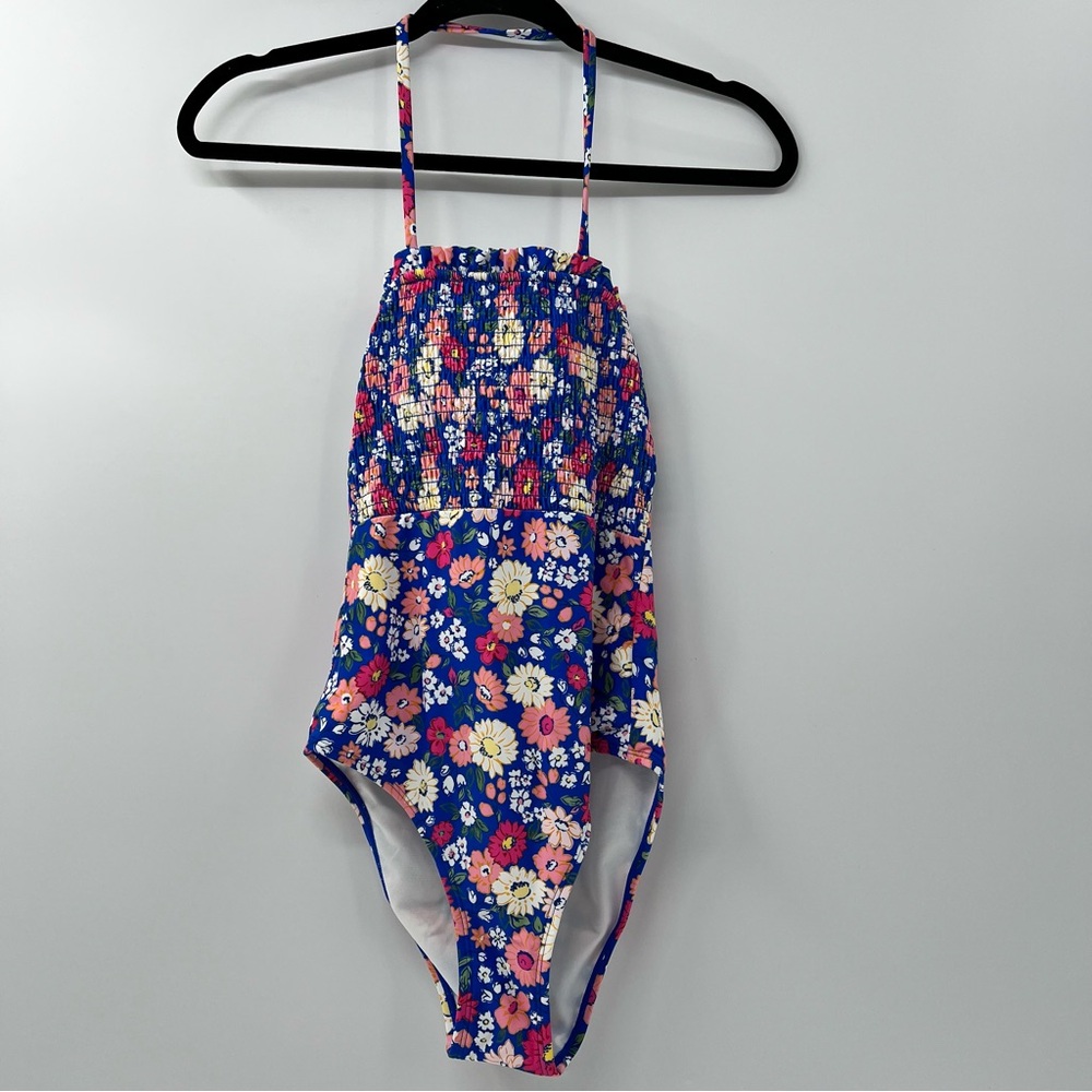 Cupshe Swimsuit Womens XS Blue Floral Smocked Halter One Piece NWT Ruffle